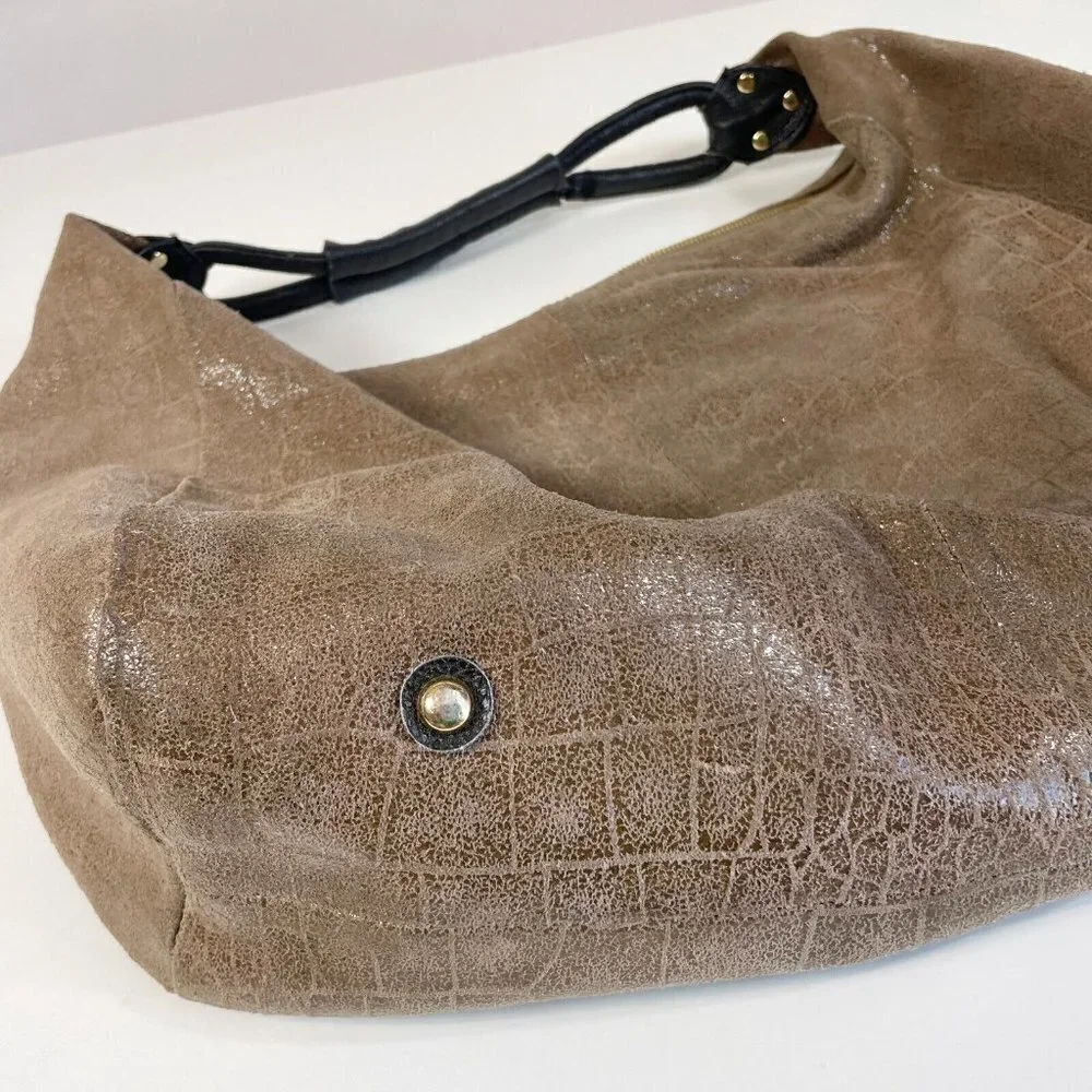 Lola Bernard Modena Croc Embossed Leather Hobo Handbag Purse Brown S Zip Pockets